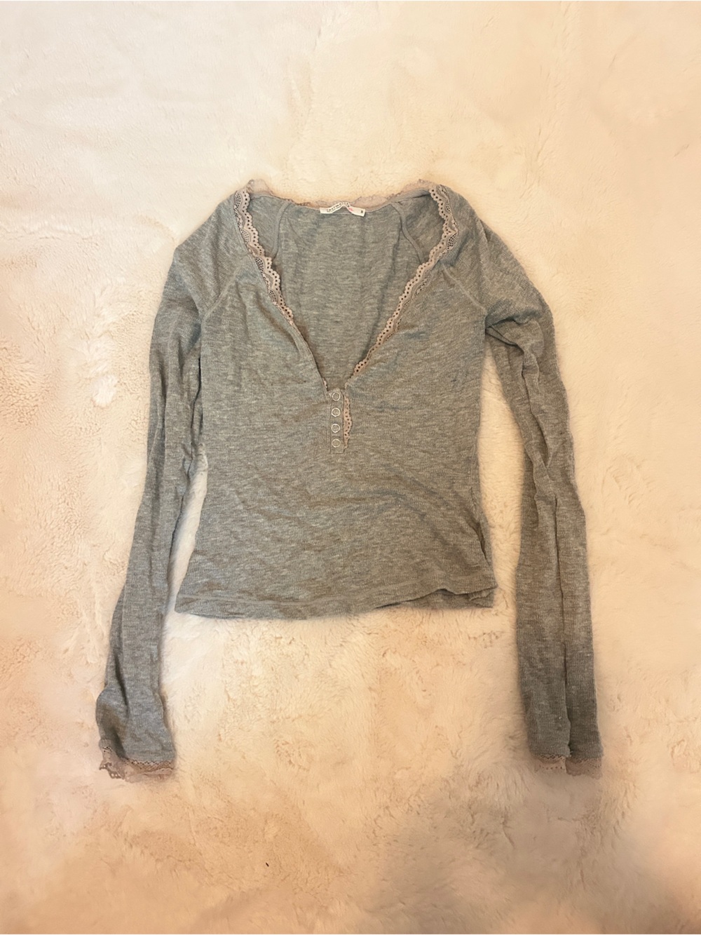 Free People Gray Long Sleeve Lace-Trim Henley